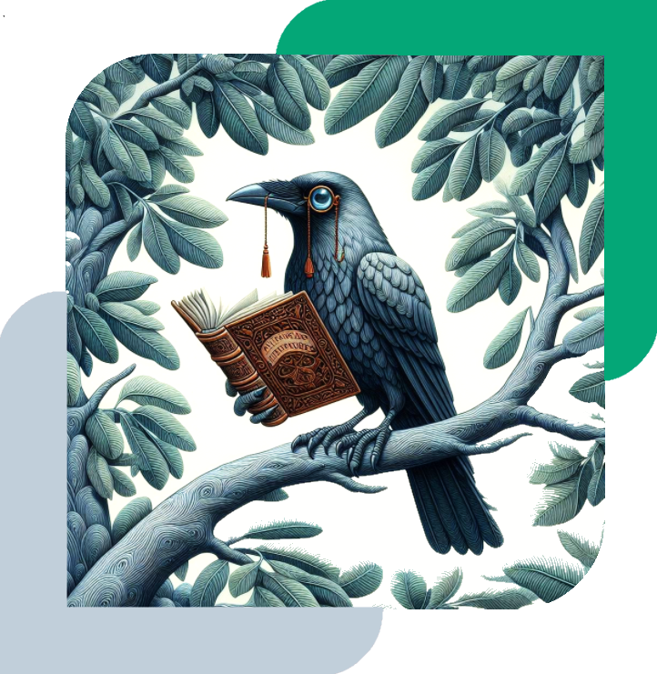 Crow sitting on a branch reading a book